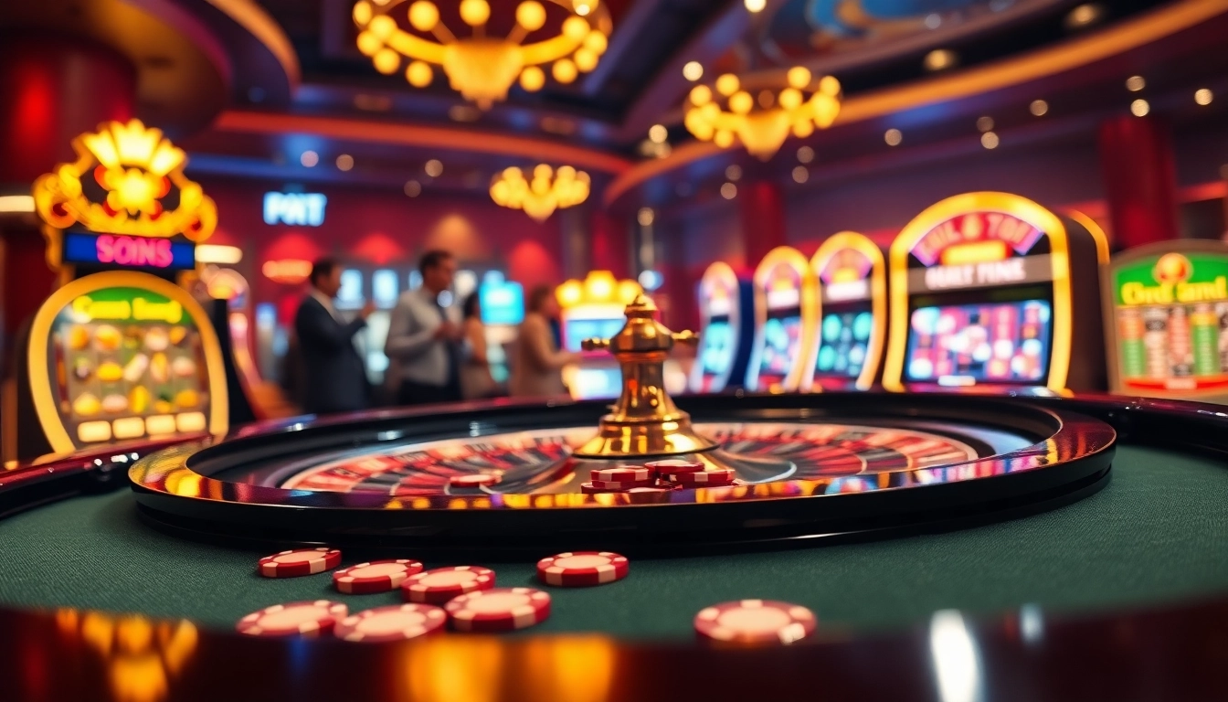Un casino en ligne vibrant montrant une table de roulette remplie de jetons colorés.