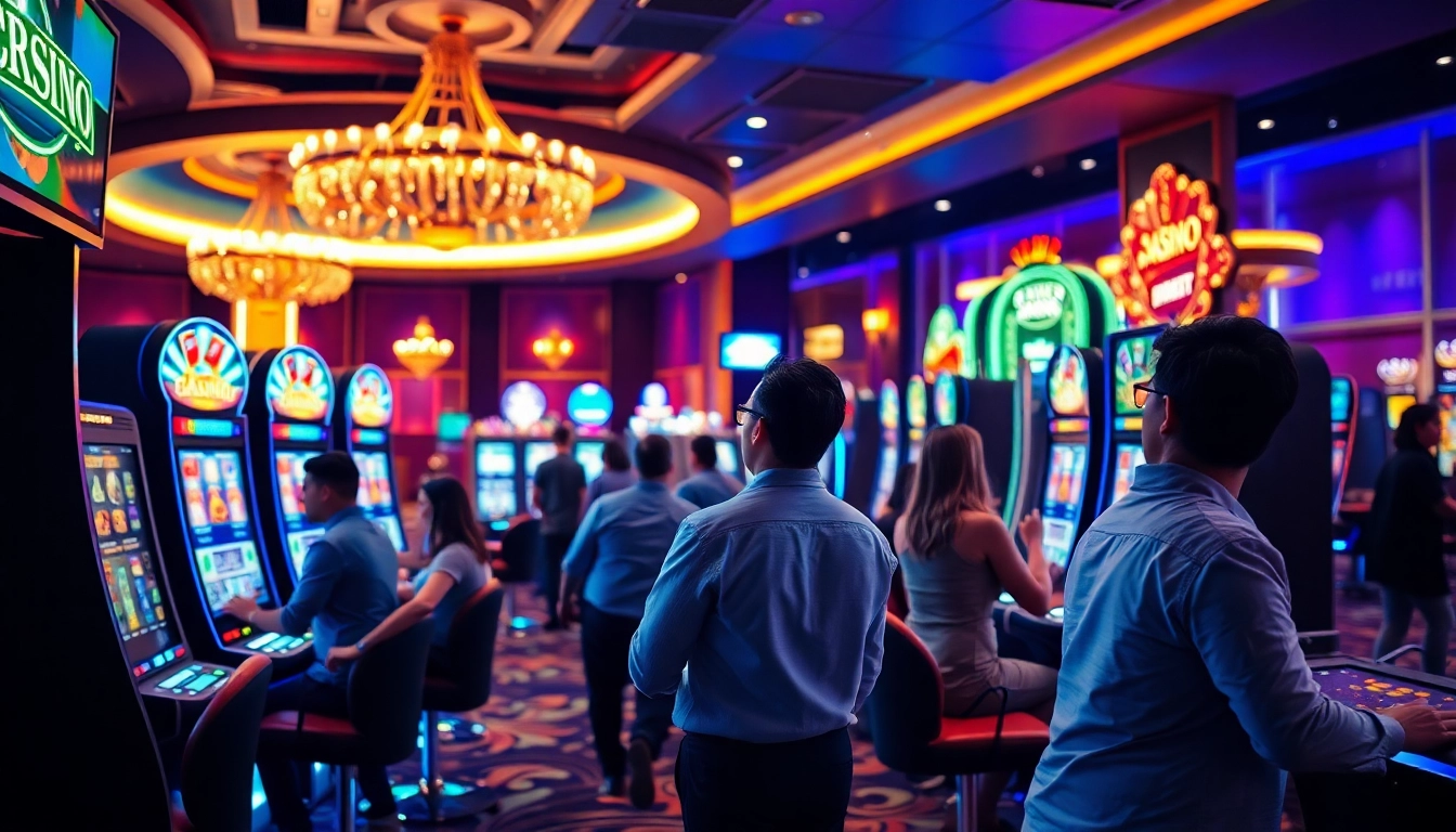 Jouer au nouveau casino en ligne entouré de machines à sous modernes et d'une ambiance festive.