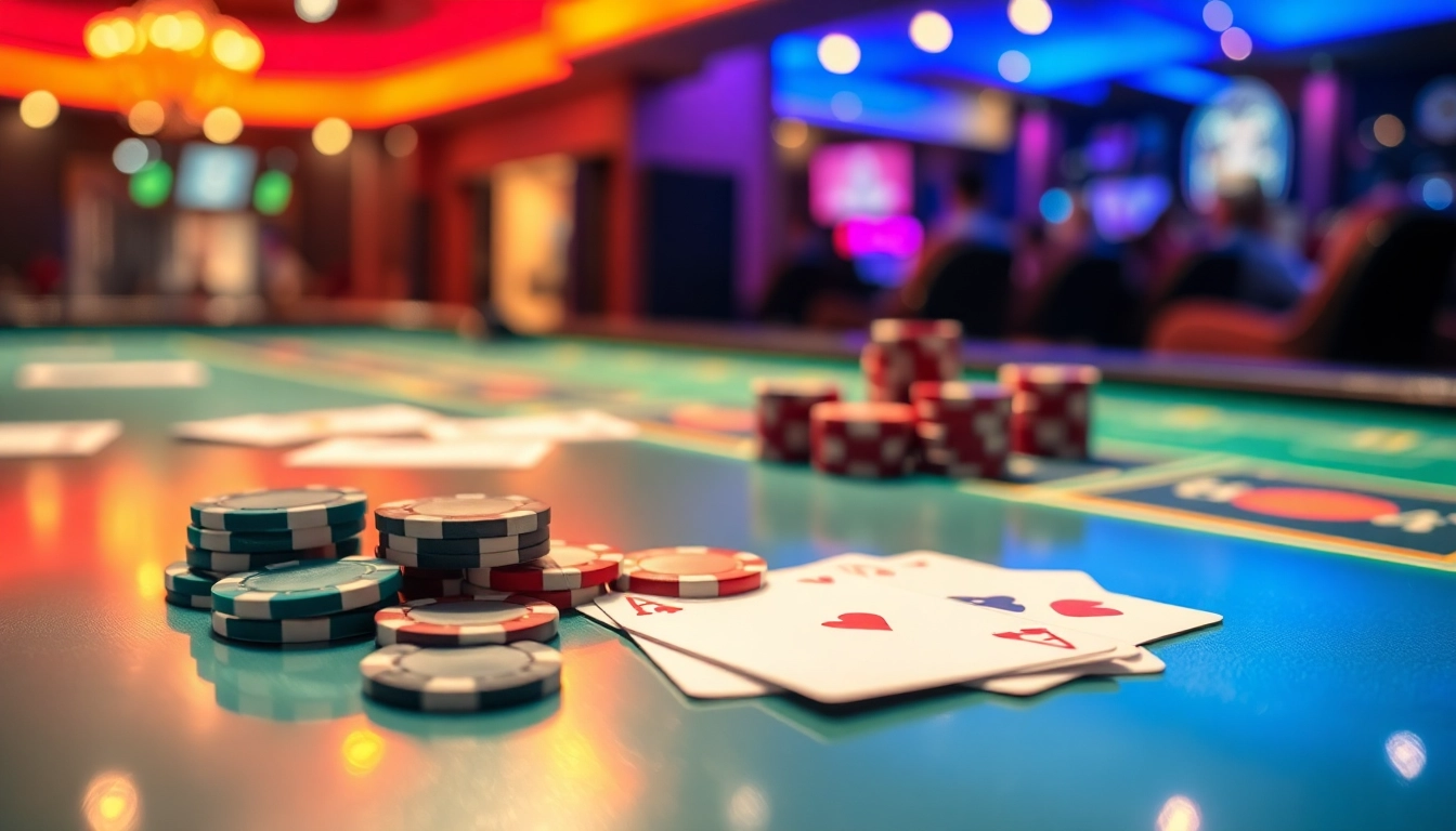 Profitez de l'expérience du casino en ligne avec des jetons et des cartes sur une table élégante.