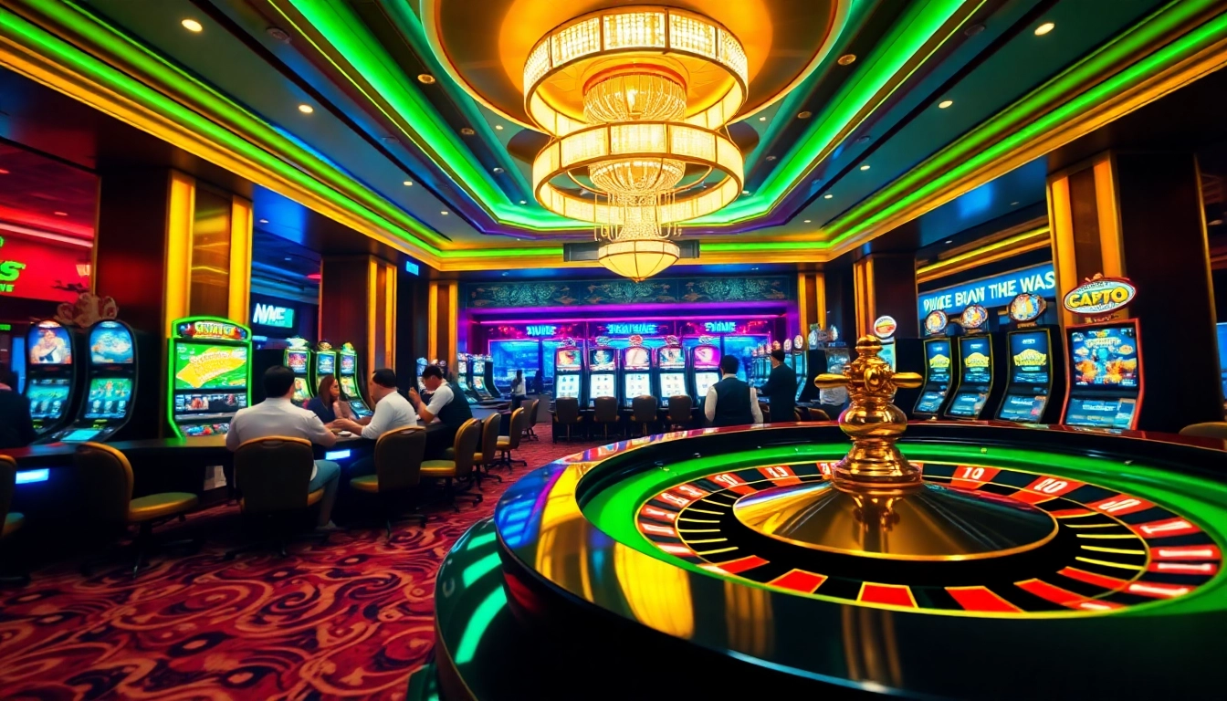 Les joueurs se divertissent au crypto casino au milieu de jeux glamour et d'écrans numériques lumineux.