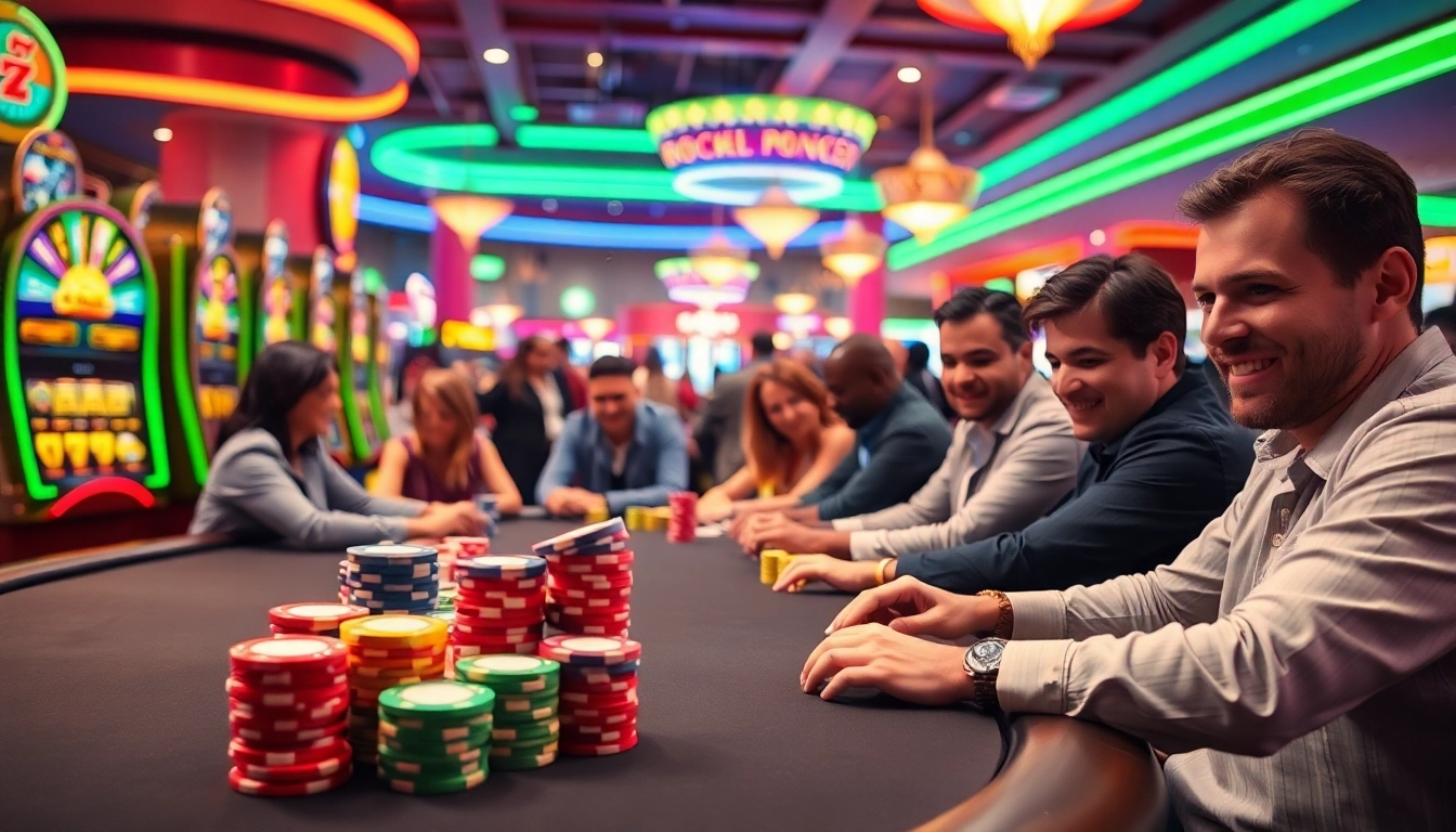 Des joueurs heureux profitant des jeux de casino en ligne dans un cadre de casino vibrant.