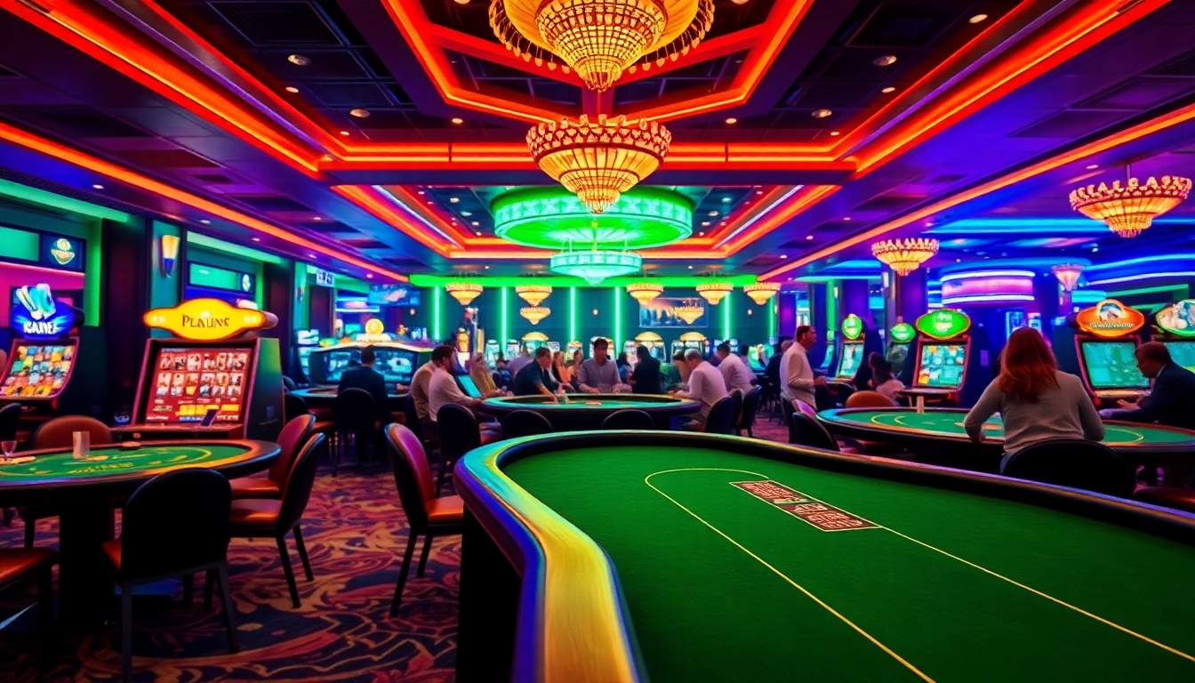 Casino en ligne avec des tables de jeu animées et une ambiance lumineuse et festive.