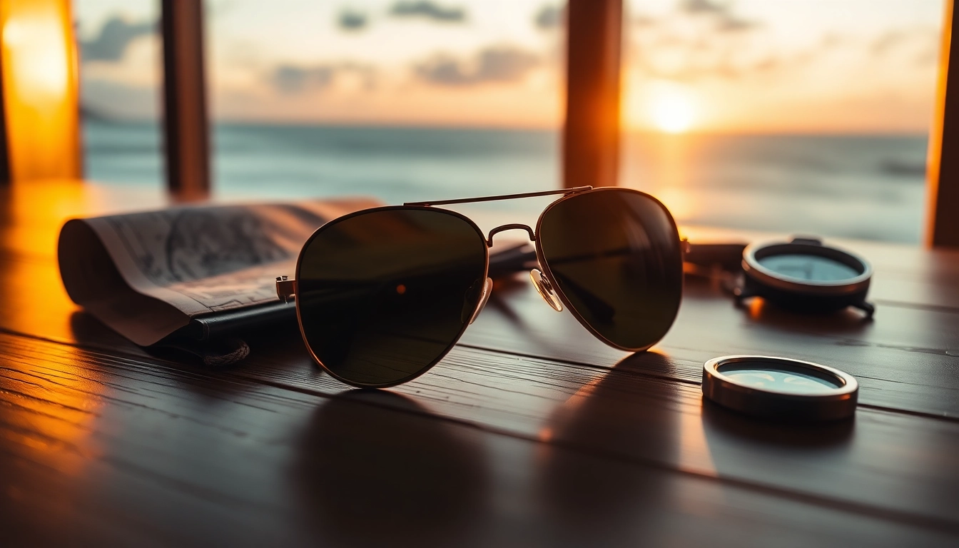 Les lunettes aviator élégantes reposant sur une table en bois, entourées d'accessoires de voyage.