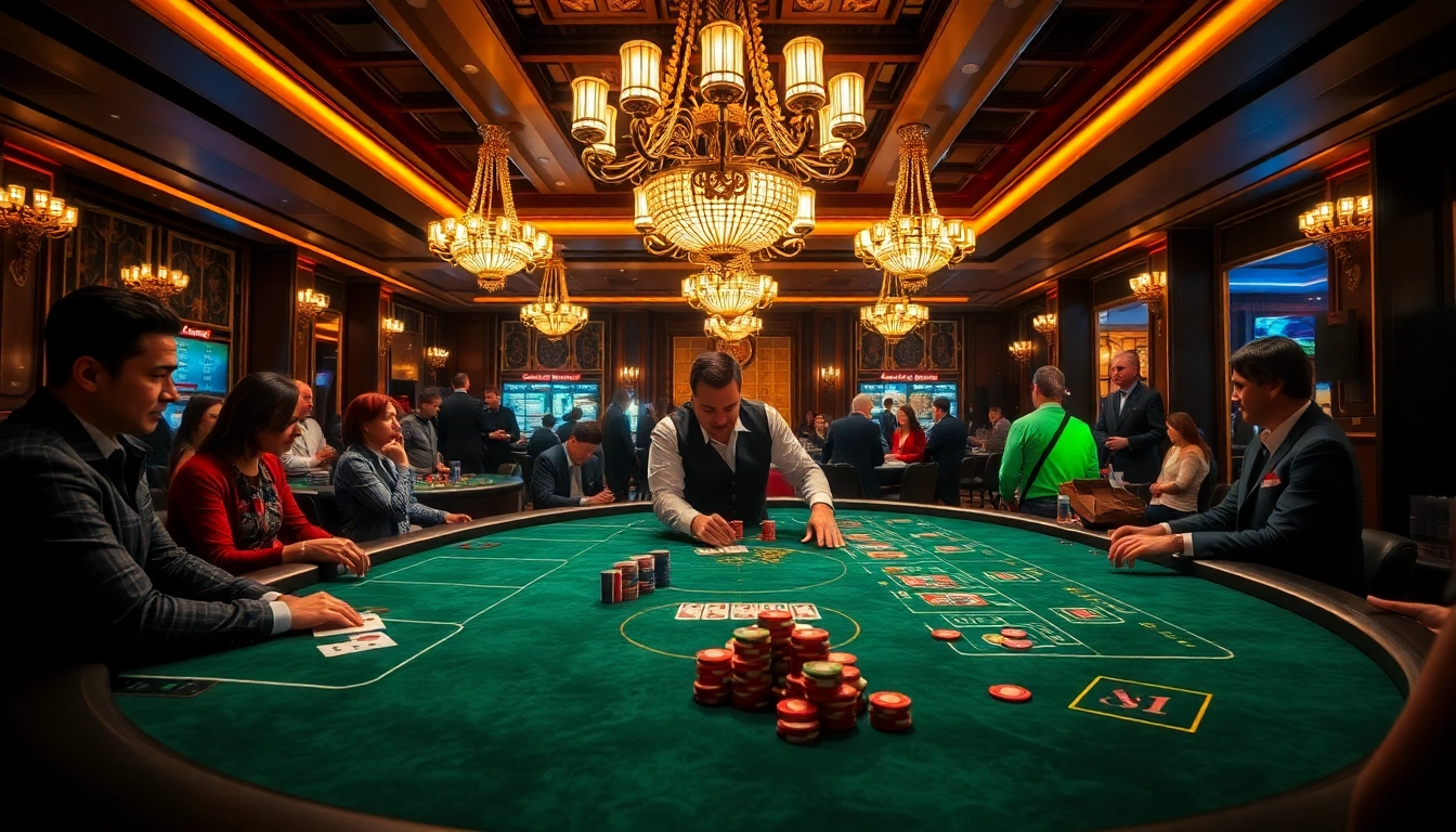 Action-packed casino en ligne scene with players engaging intensely around vibrant tables.