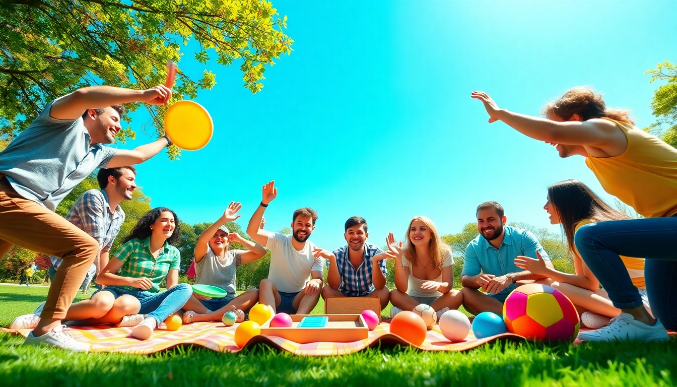 Friends enjoying games to play with friends in a sunny park setting, showcasing joy and camaraderie.
