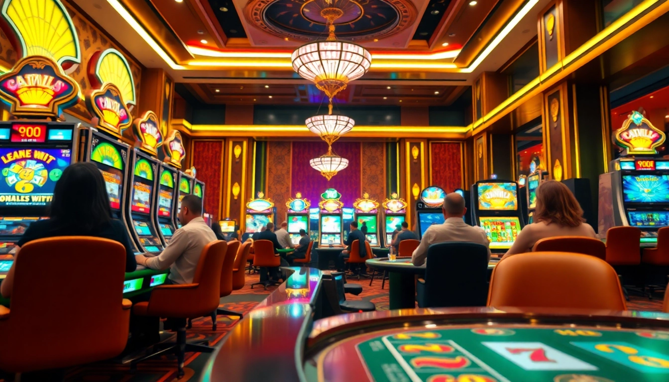 Jouez à des jeux de casino en ligne dans un cadre élégant avec des machines à sous lumineuses.