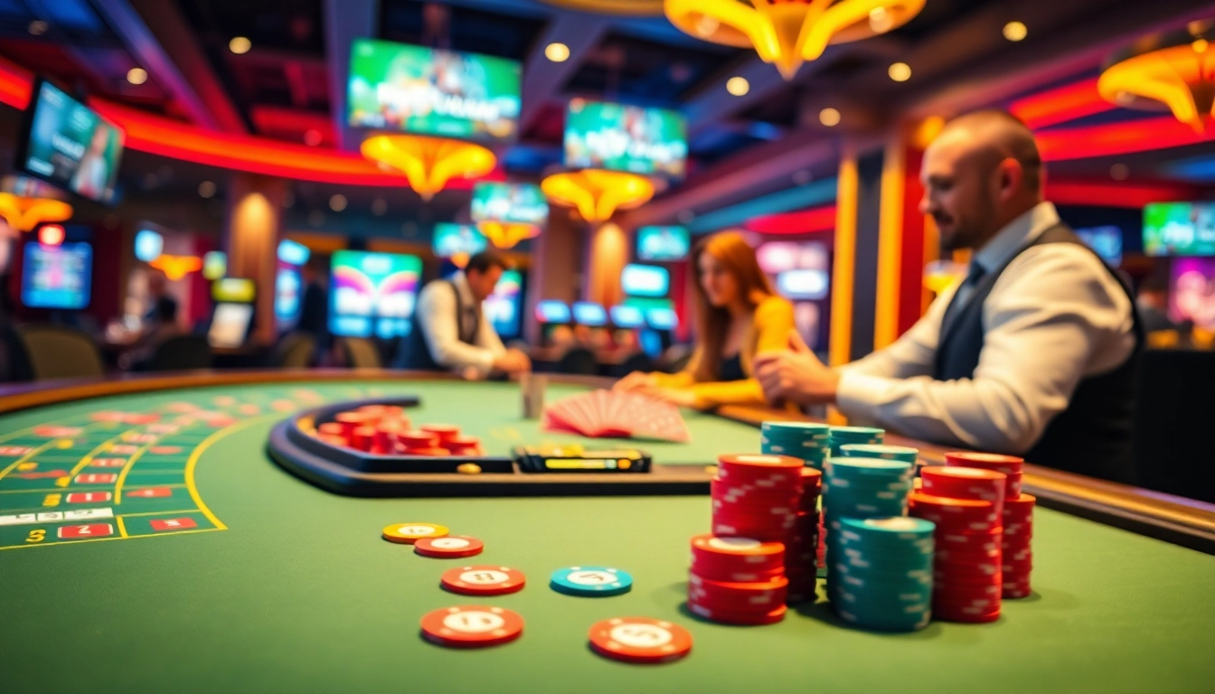Casino en ligne vibrant avec des joueurs engagés autour de tables de jeu et un croupier professionnel.