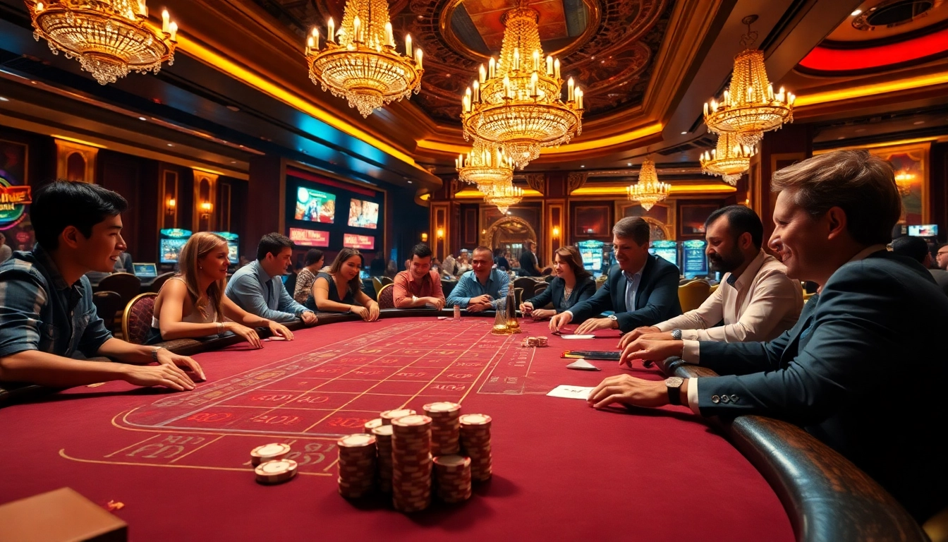 Jeu en direct dans un casino en ligne avec des joueurs enthousiastes et une ambiance glamour.