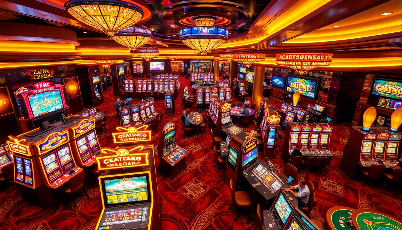 Casino en ligne dynamique captivant avec des joueurs enthousiastes et des machines à sous scintillantes.