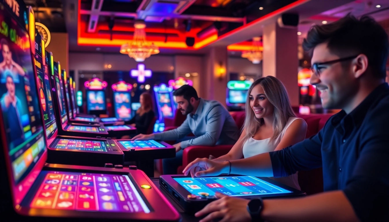 Joueurs enthousiastes profitent des jeux de casino en ligne dans un cadre dynamique