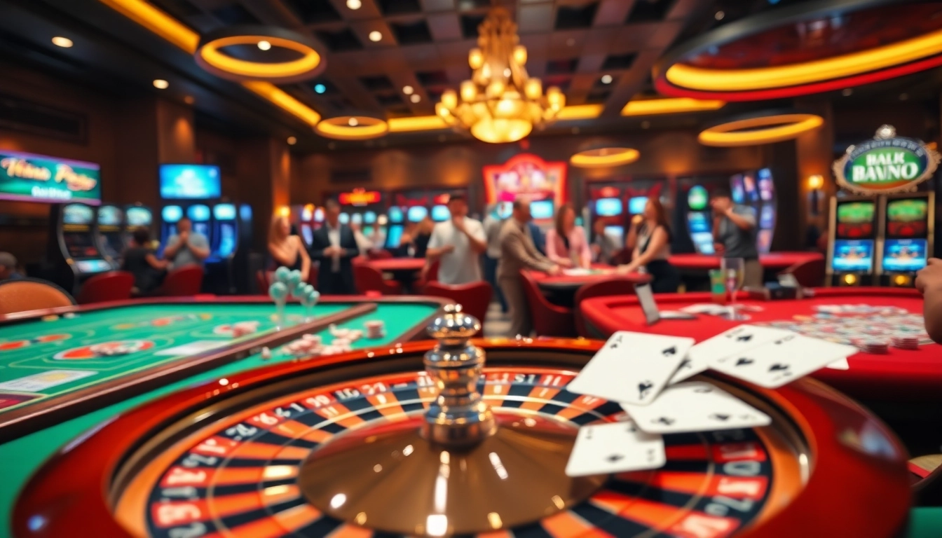 Les jeux captivants de casino en ligne avec des joueurs et des lumières brillantes.