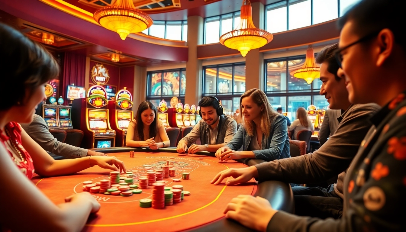 Jouez au casino en ligne avec des joueurs engagés autour d'une table animée.