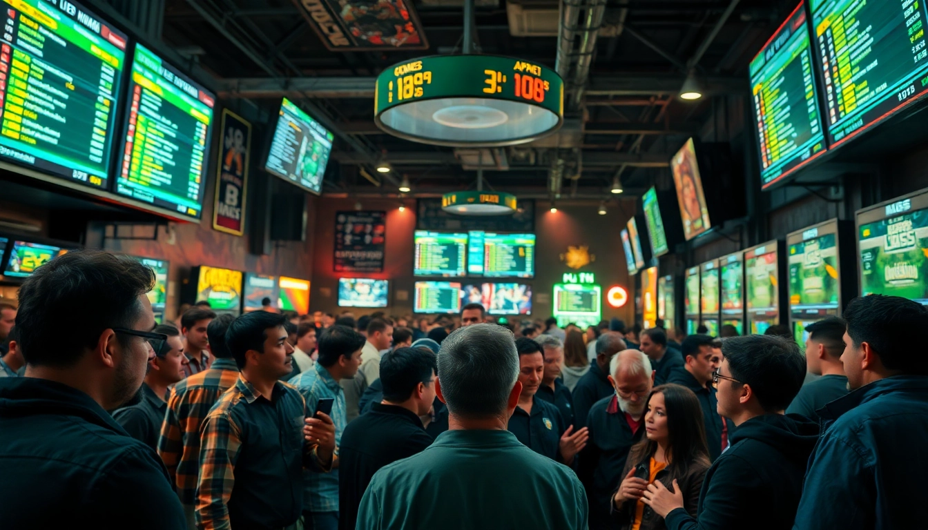 Passionate fans discussing paris sportif strategies in a vibrant betting hall.