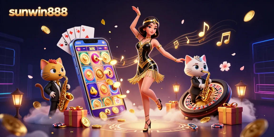 Experience the excitement of sunwin888 with a vibrant 3D casino scene featuring dynamic characters and slot games.