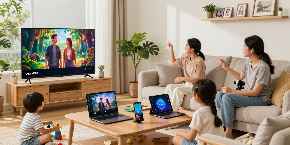 Family enjoying Atlas Pro ONTV in a cozy living room with multiple devices.