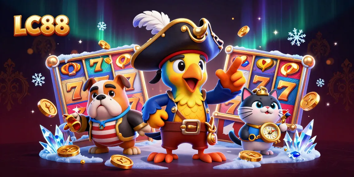 LC88 pirate-themed casino illustration featuring adorable characters and vibrant slot elements.