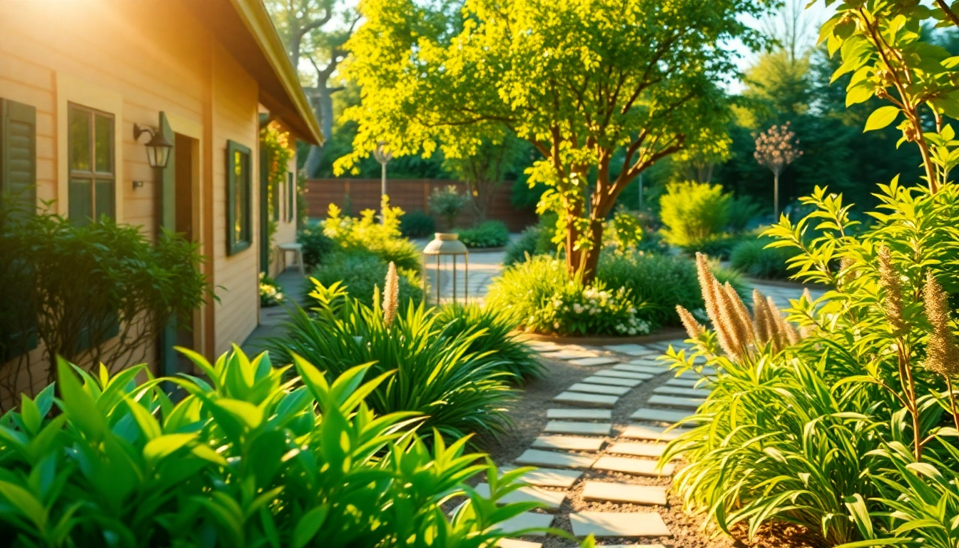 Découvrez les options durables de ladefripe à travers un jardin luxuriant et une maison éco-construite.