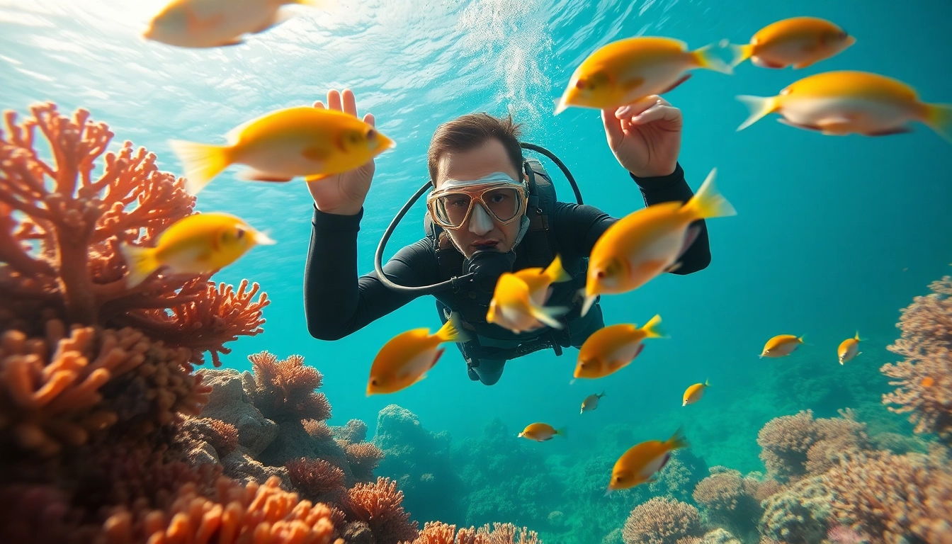 Plongée Hurghada, un plongeur interagissant avec la vie marine colorée sous l'eau.