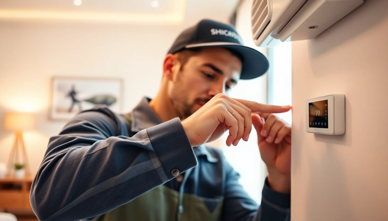 Un chauffagiste réglant un système de chauffage dans un intérieur moderne.