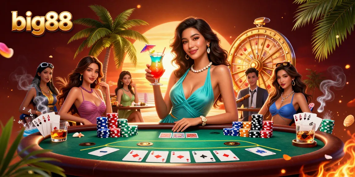 Experience excitement at big88 with a glamorous casino scene featuring a stunning Asian woman enjoying a tropical cocktail.