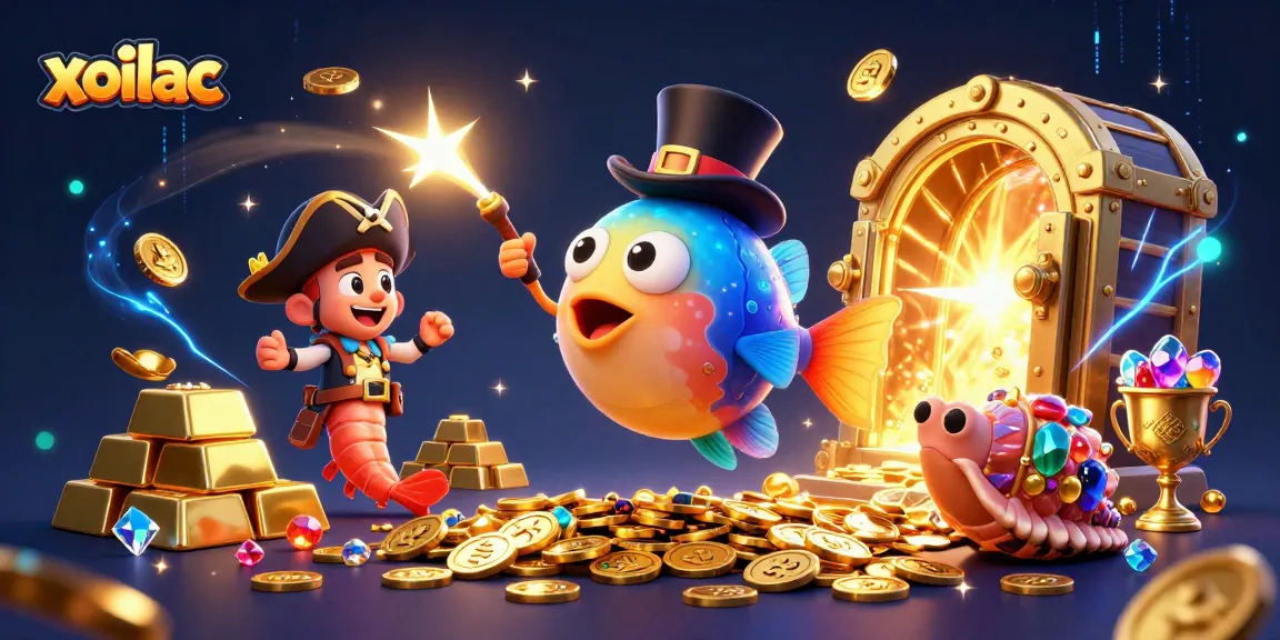 Xoilac showcases the thrill of online gambling with vibrant characters surrounded by treasure and gold.