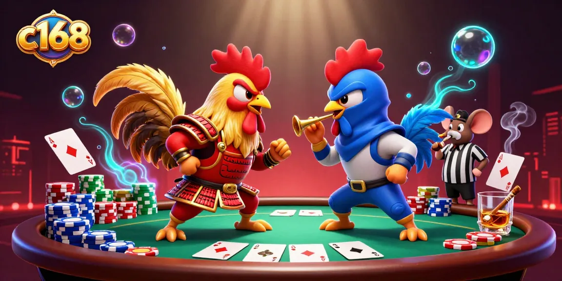 c168 showcases thrilling cartoon rooster poker showdown amidst vibrant casino elements