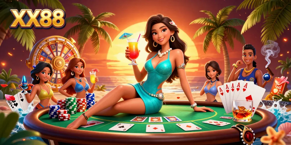 Win big and enjoy vibrant gaming experiences at XX88 with tropical elements and cash prizes swirling around.