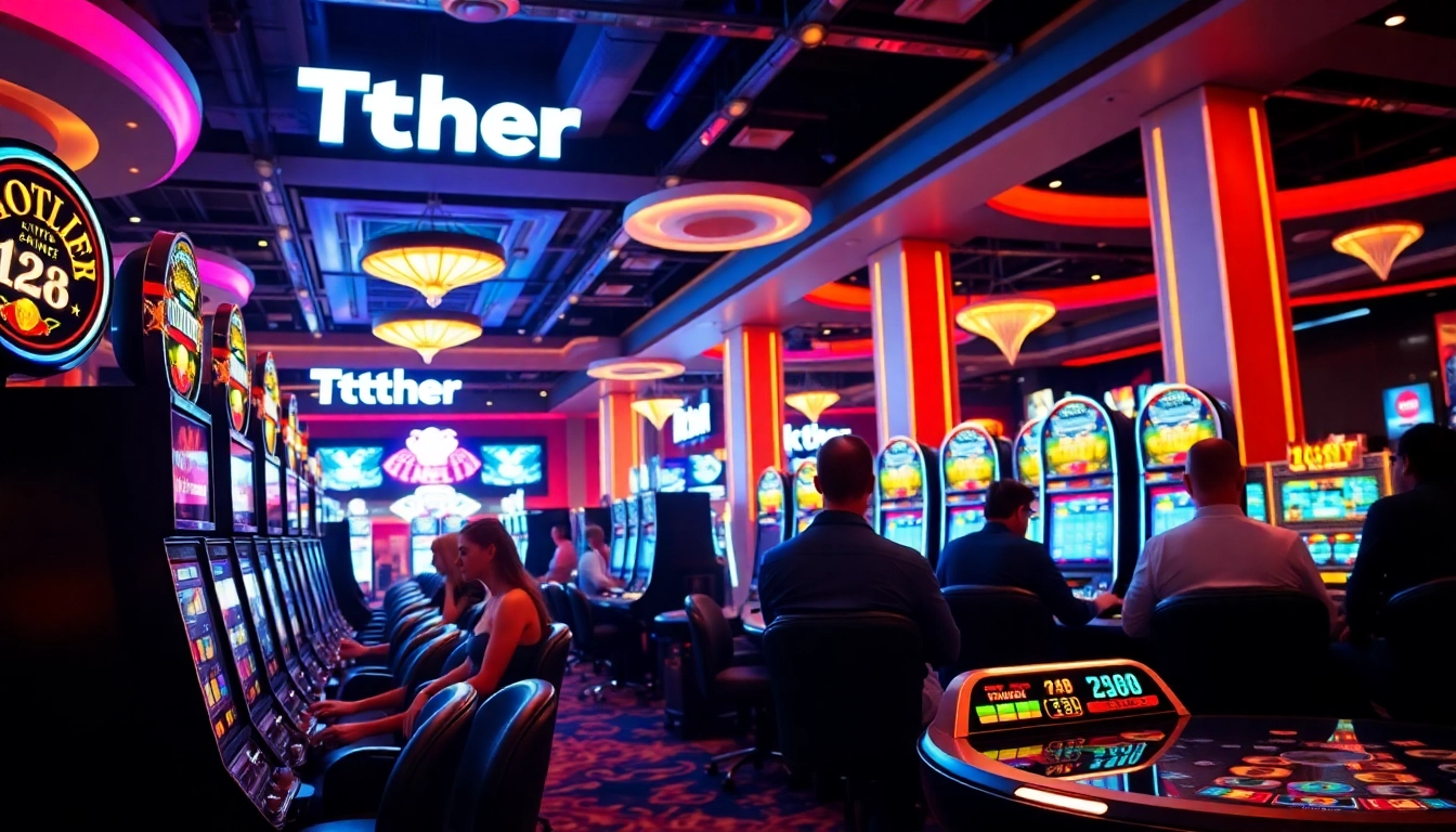 Une expérience palpitante à Tether casino avec des joueurs concentrés sur les machines à sous.