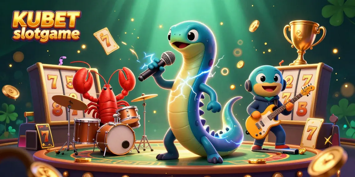 KUBET slotgame features a vibrant underwater casino scene with an electric eel DJ, lobster drummer, and seahorse guitarist.