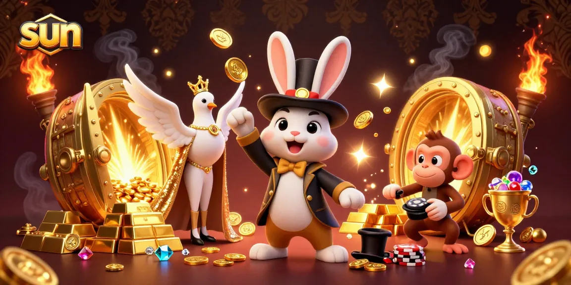 Experience the excitement of sun-themed gambling as the magician rabbit conjures coins in a vibrant casino.
