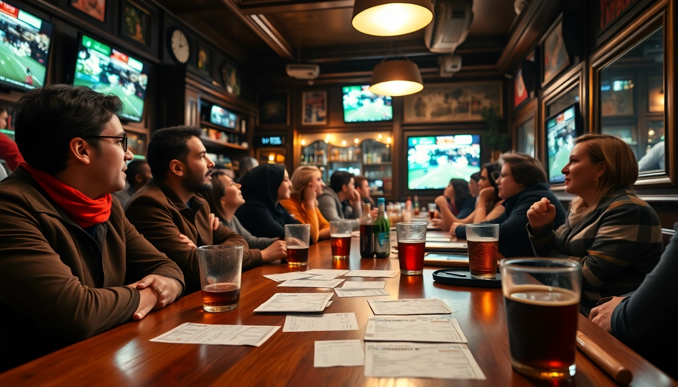 Misez sur le site de paris sportif avec des amis dans un café animé à Paris.