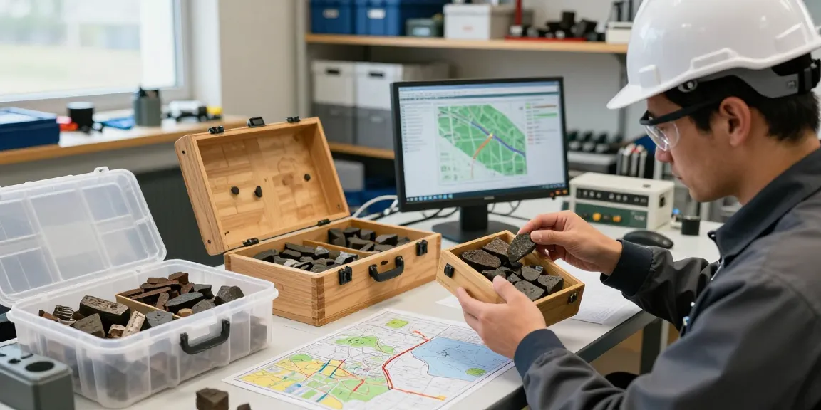 Géologue inspectant des échantillons de carottes dans des boîtes de carottes de forage durables dans un espace de travail organisé.