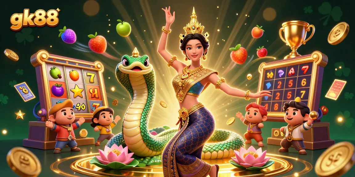 Join the excitement at gk88 with a captivating Thai dancer and Naga serpent in a vibrant casino scene.
