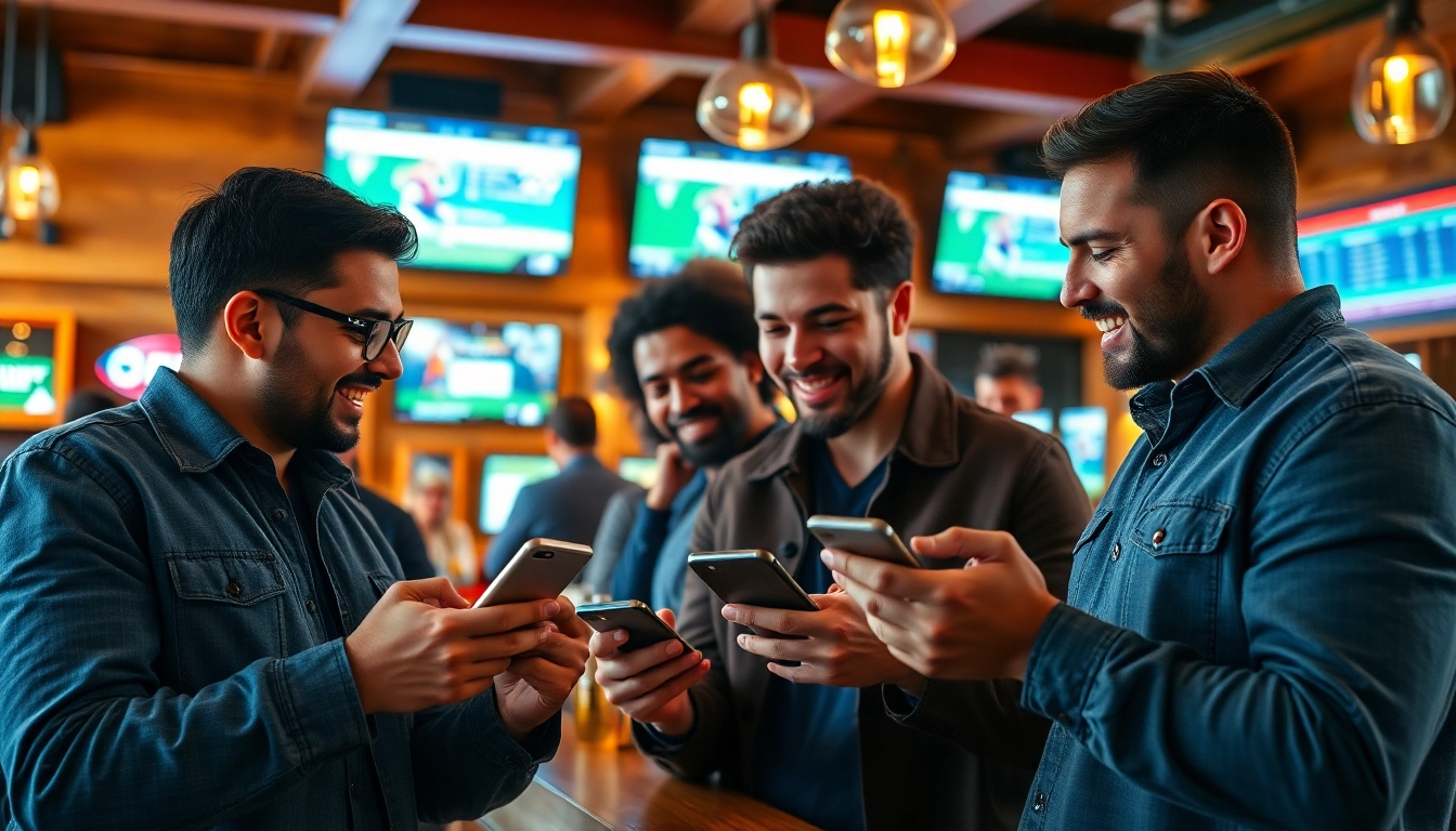 Engaging scene of paris sportif with friends discussing bets and odds in a lively bar.