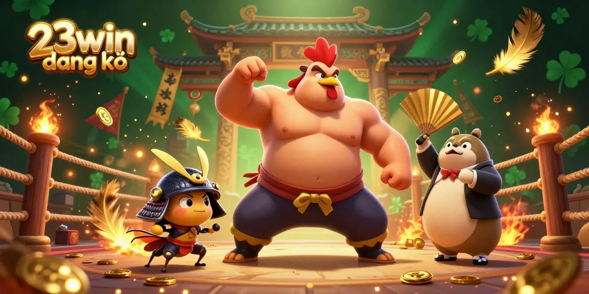 Experience thrilling 23win đăng ký with a powerful sumo rooster surrounded by dynamic gaming elements.