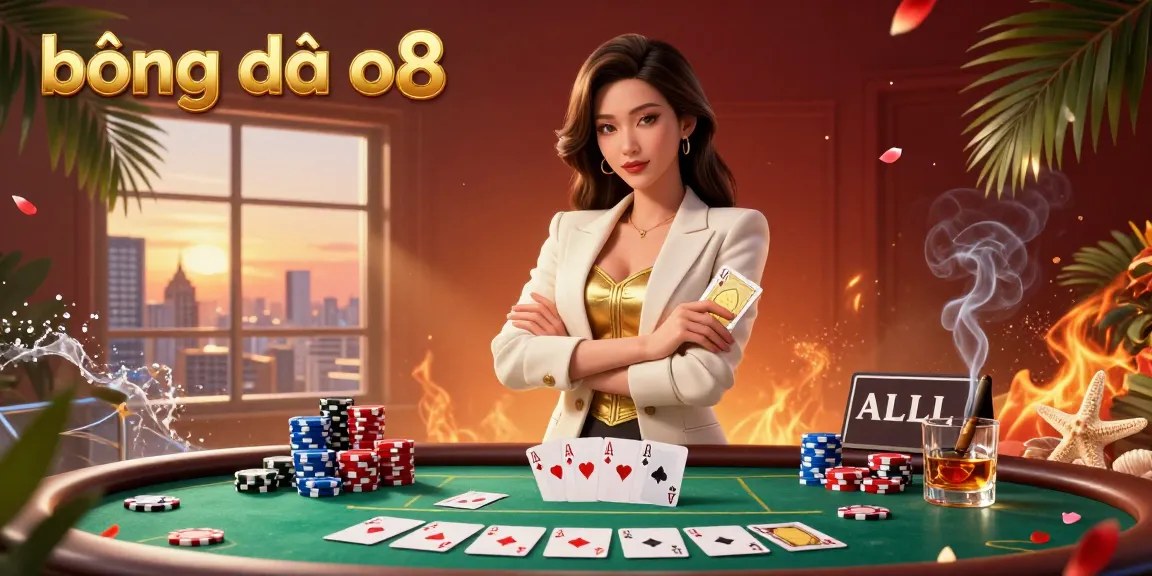 Engage in exciting gameplay on bóng đá o8 with vibrant illustrations featuring a powerful businesswoman and poker elements.