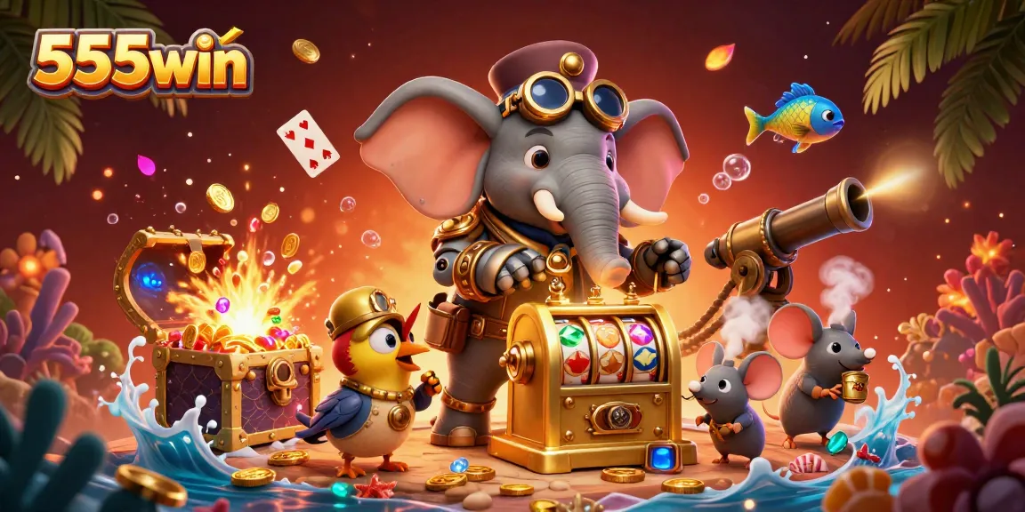 Engage with the excitement of 555win as the steampunk elephant spins the jackpot slot machine amid treasure bursts.