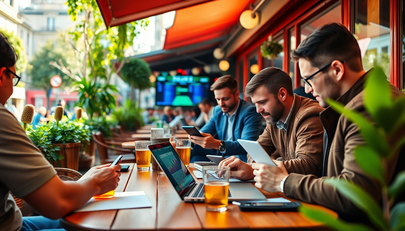 Placing paris sportifs hors ARJEL bets at a lively Paris café.