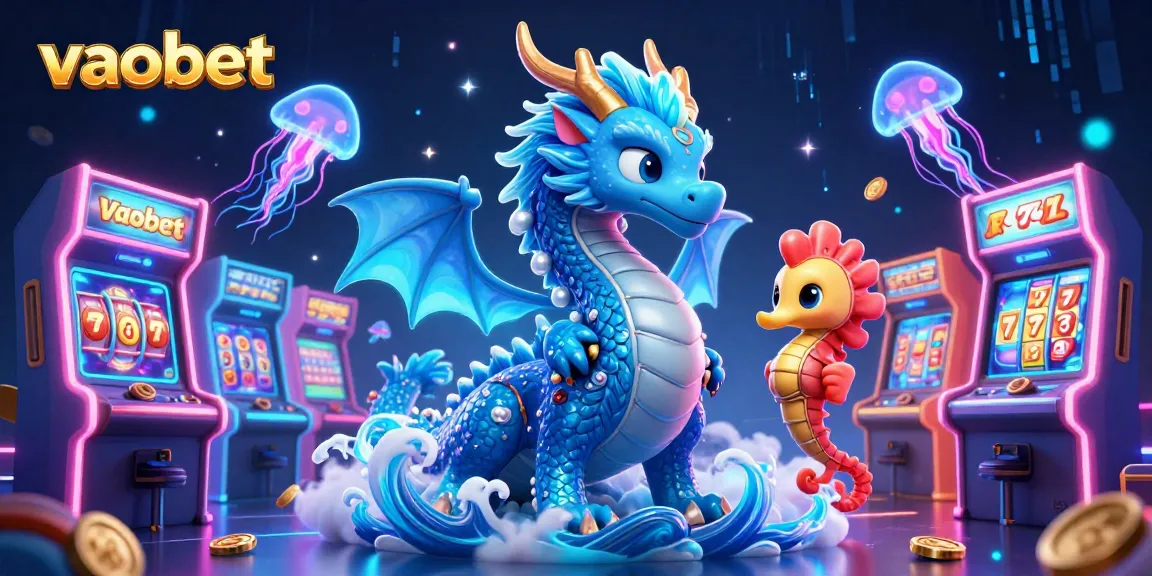 Engage with vaobet's captivating 3D digital casino scene featuring a water dragon and entertainment elements.