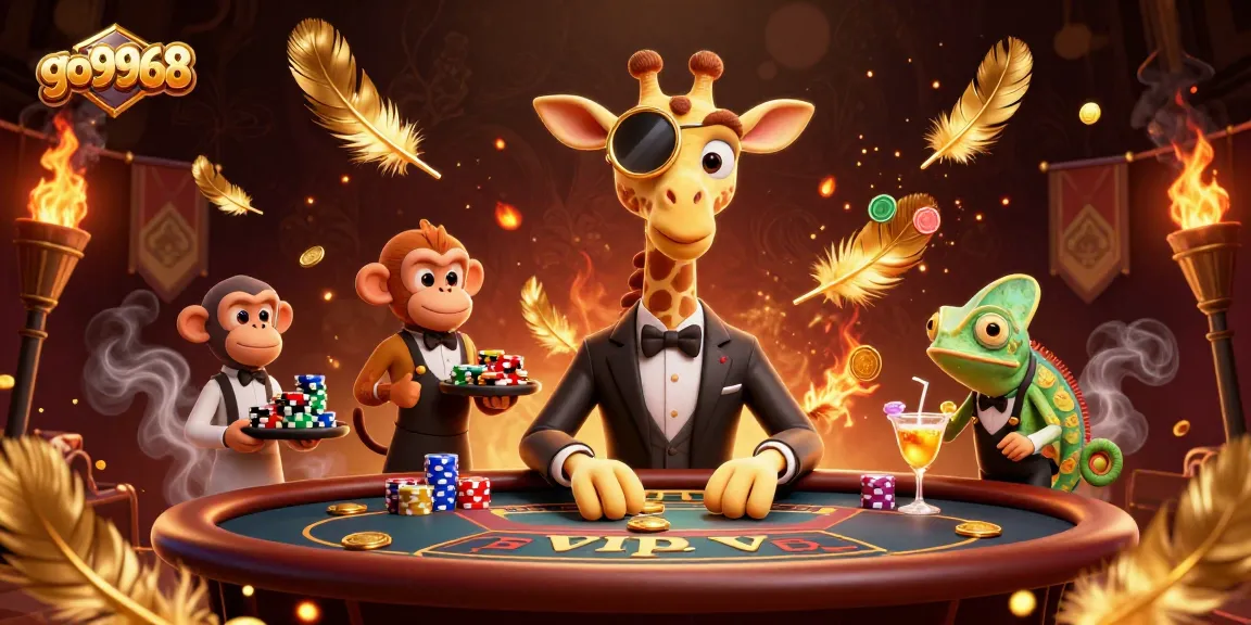 Engage in the thrilling world of go9968 with a high-roller giraffe at a VIP poker table, surrounded by excitement.