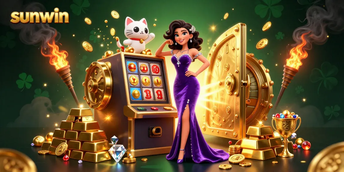 Sunwin engages players at a vibrant casino scene featuring jackpot action and festive golden elements.