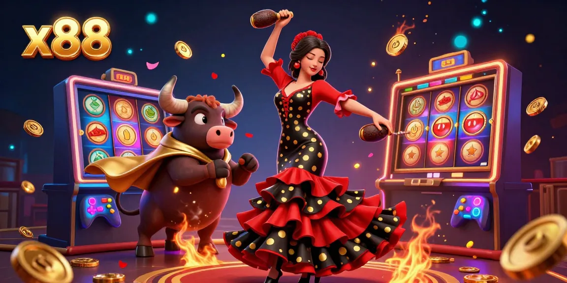 x88 offers an exciting casino experience with a stunning flamenco dancer and vibrant gaming elements in a rich, dynamic scene.