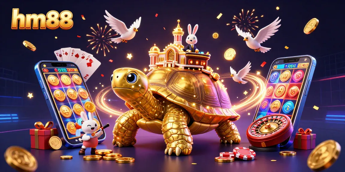 Experience winnings at hm88 with a cartoon golden tortoise casino scene filled with excitement.