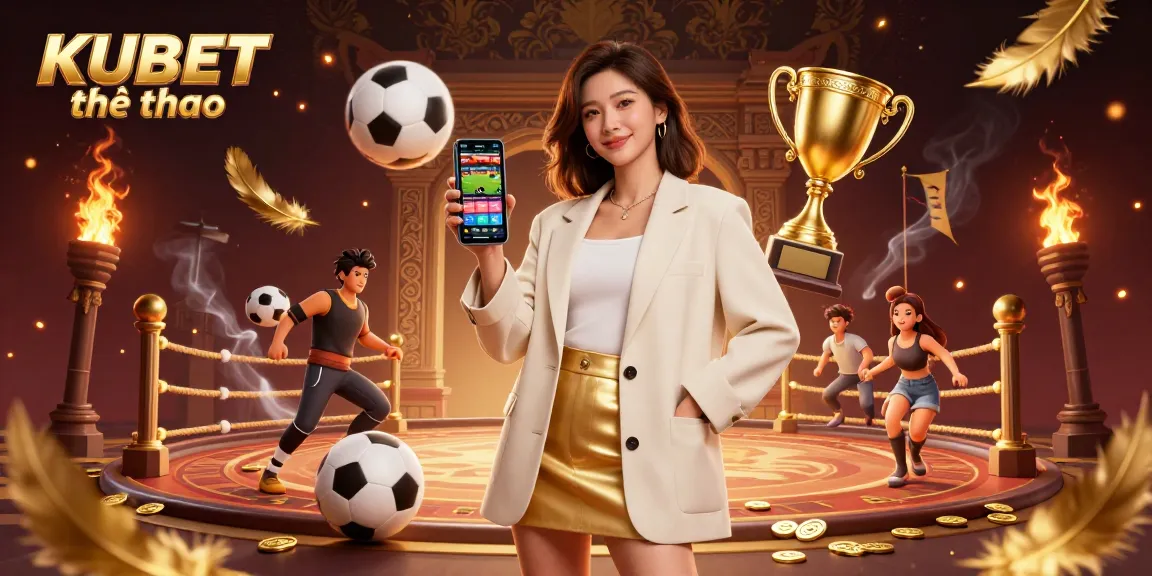 KUBET thể thao showcases an Asian woman holding a smartphone for sports betting, surrounded by trophy and vibrant elements.