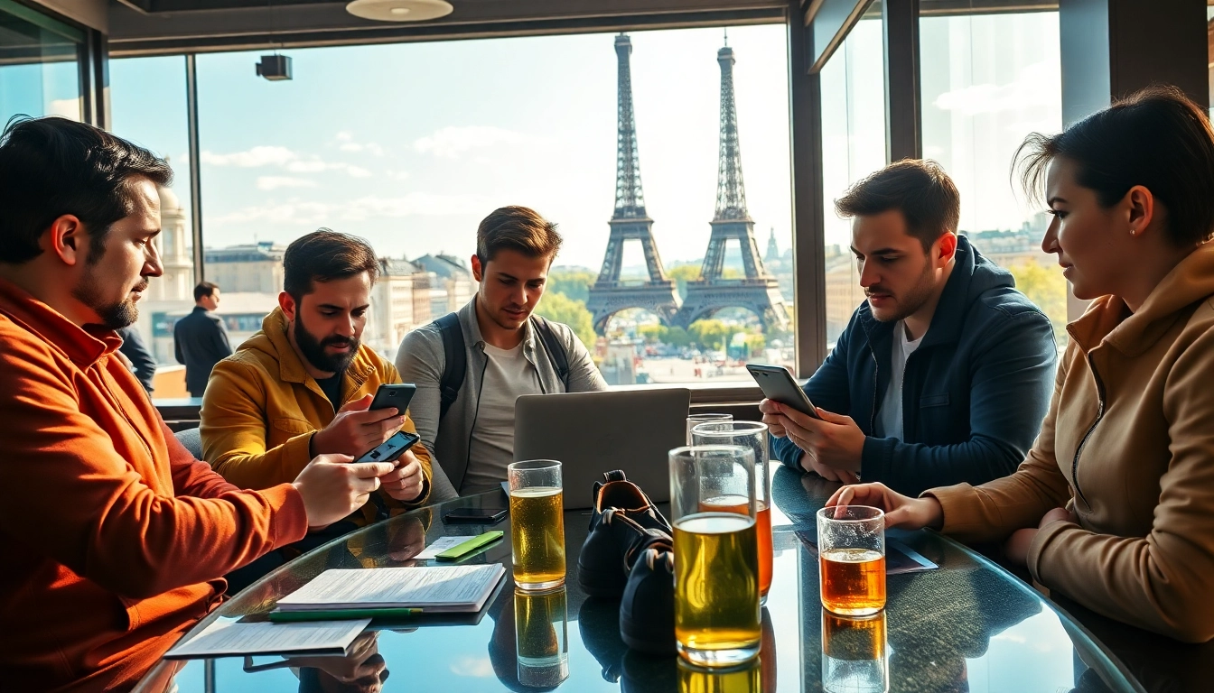 Pari sportif hors ARJEL actif dans un café parisien, mettant en avant des discussions autour des stratégies de paris.