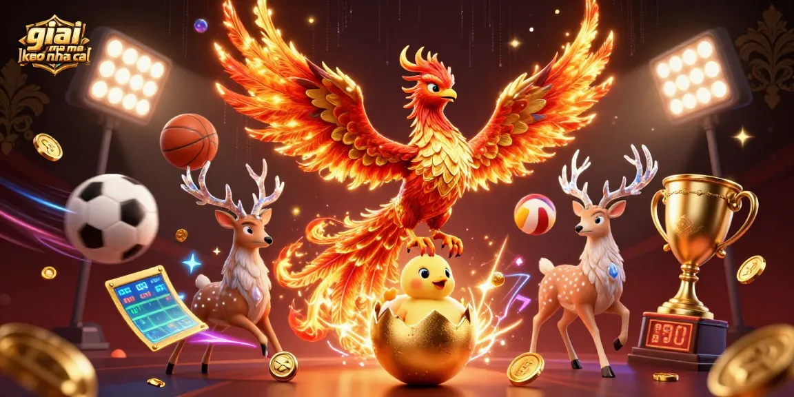 Experience giai ma keo nha cai with a vibrant 3D phoenix illustration amidst dynamic sports elements.