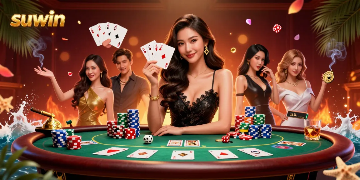 Suwin casino illustration showcasing an elegant gamer with poker cards amidst vibrant gaming elements.