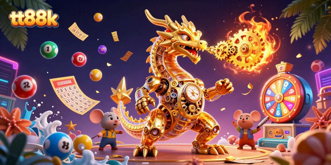 Engage with tt88k's colorful gaming adventure featuring a golden dragon and dynamic lottery elements.