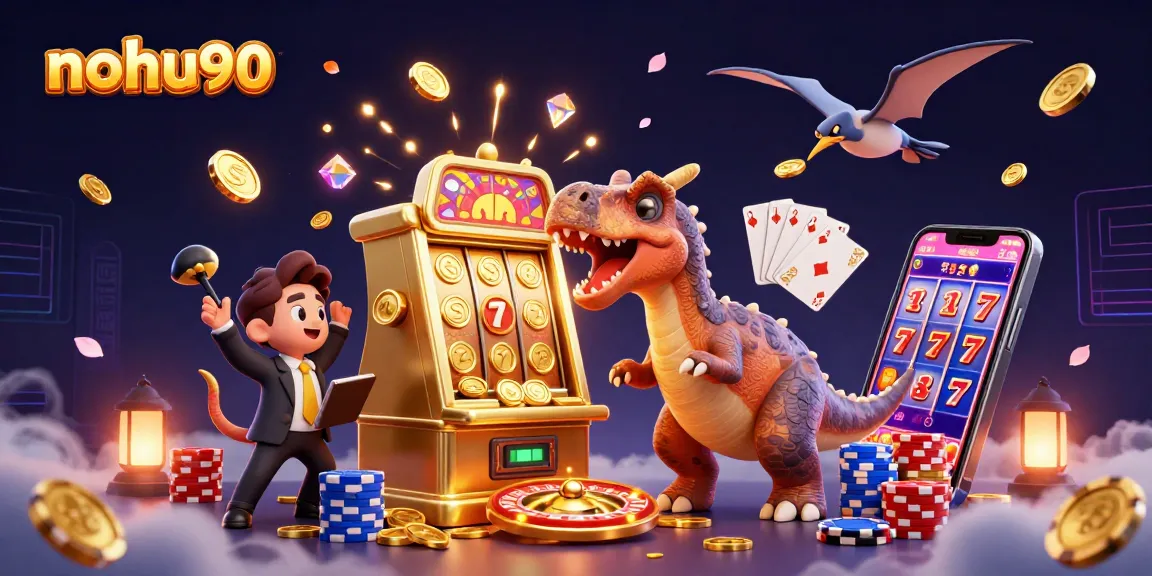 Experience nohu90's thrilling jackpot scene with a cartoon dinosaur and casino excitement