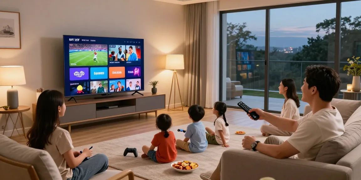 Family enjoying entertainment through King 365 IPTV on Smart TV in a cozy living room.